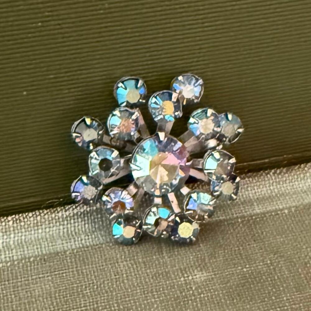 Vintage AB Rhinestone Brooch – Round Floral Cluster – 1” - Picture 7 of 8